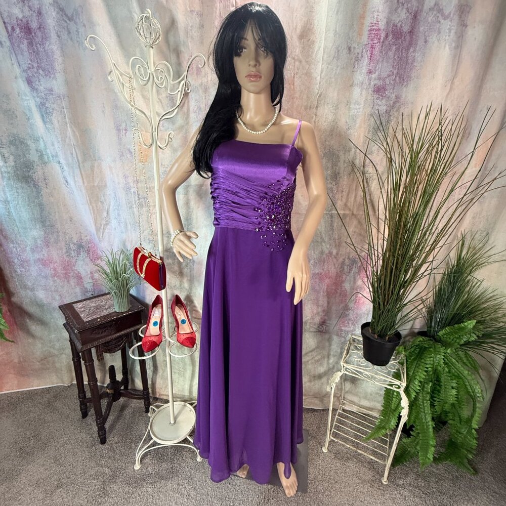 📌Fanny Fashion Beaded Purple Satin -Chiffon Prom - Bridesmaid Dress with Scarf